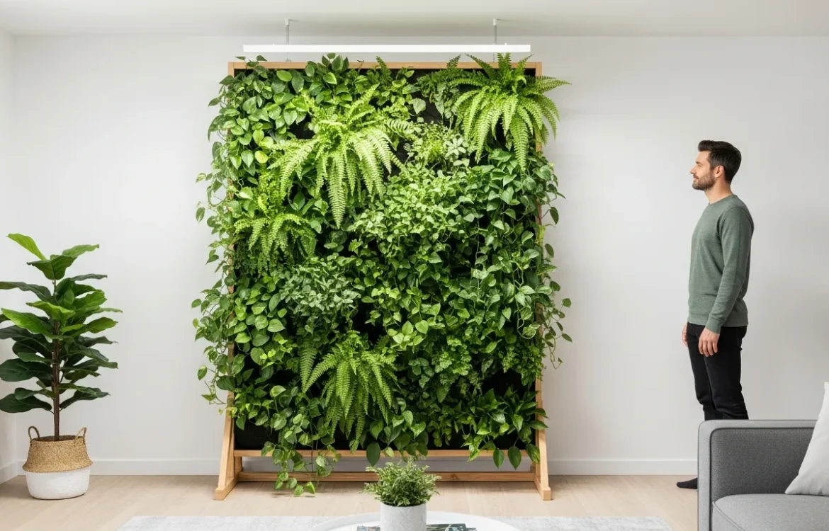 A lush plant wall apartment display featuring various indoor plants on a non-damaging freestanding wooden frame.