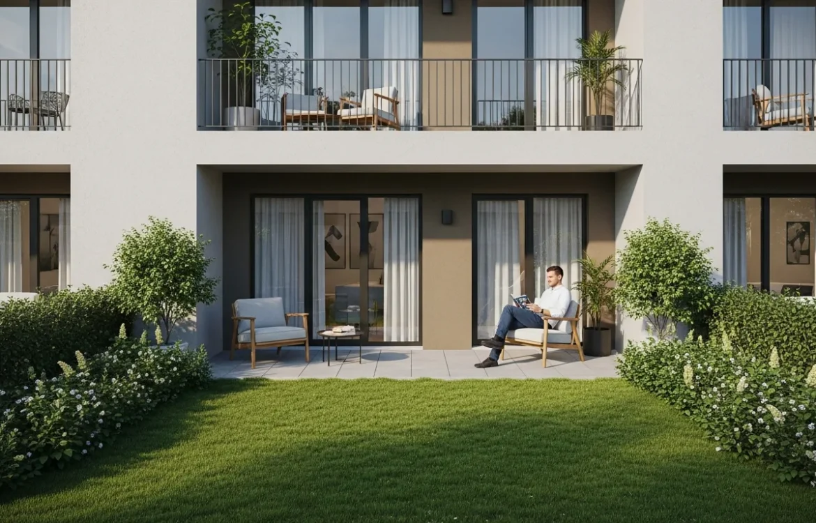 A man on a private garden terrace illustrating the pros and cons of living on the ground floor of an apartment.