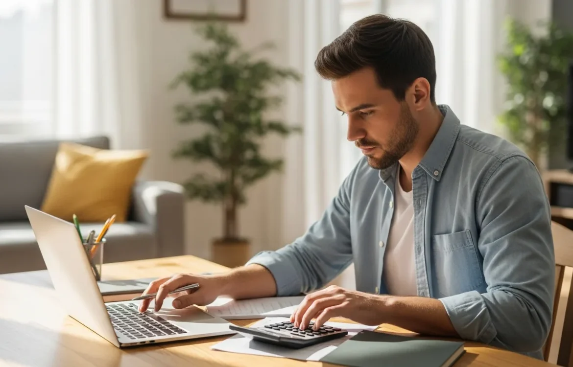 A man using a rent to income ratio calculator on a laptop to plan his monthly housing budget.
