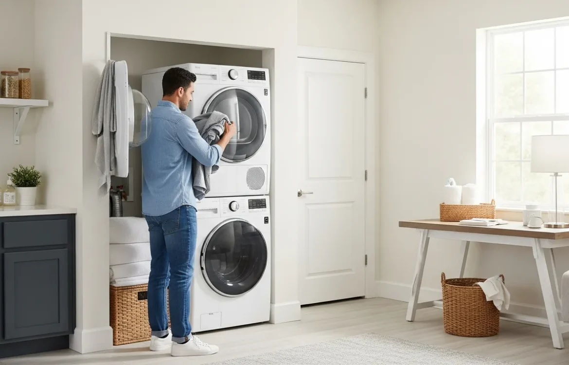 A man organizing laundry next to a modern appliance set for those who choose to rent washer and dryer units.