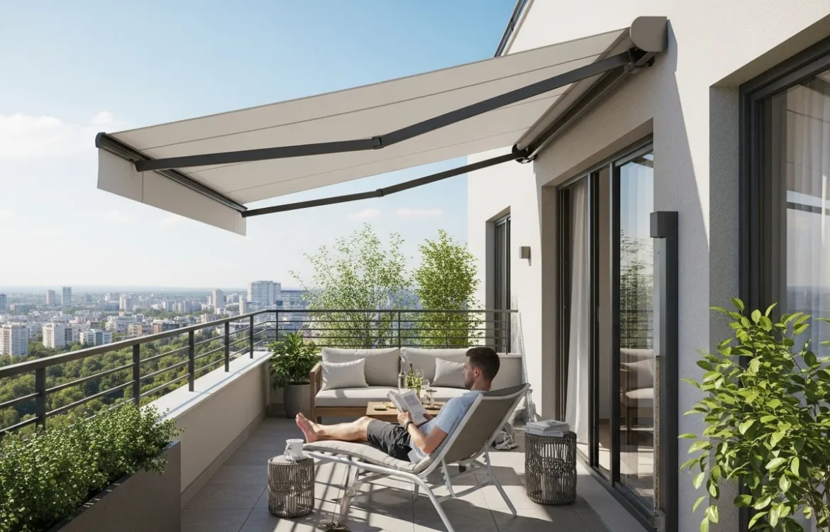Renter friendly balcony awning ideas featuring a stylish tension-rod shade on a modern apartment terrace.