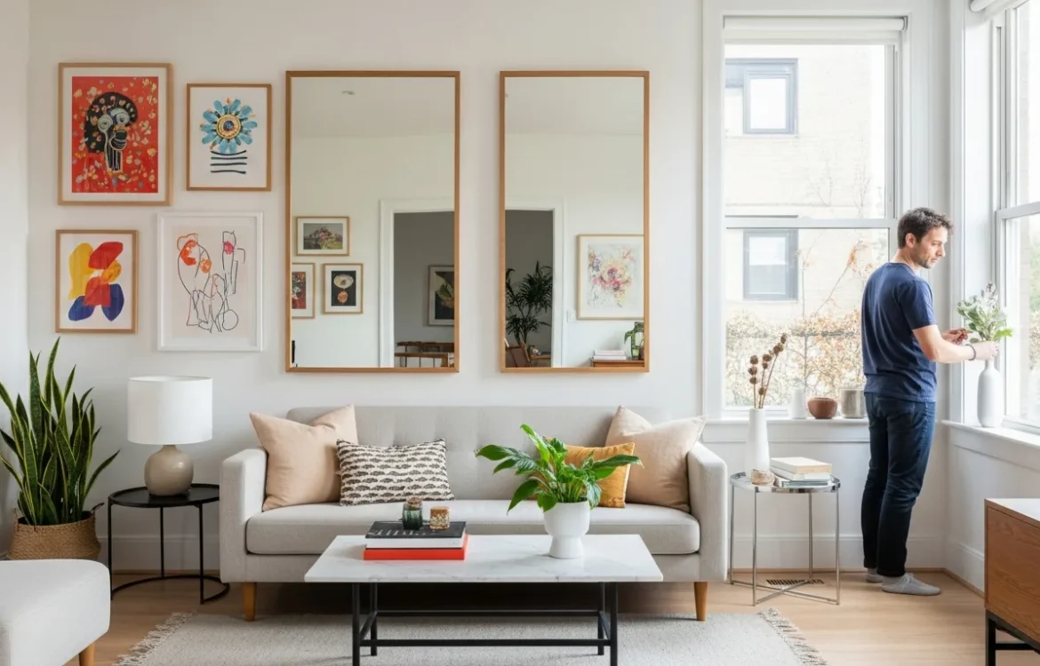 Bright renter friendly wall decor for garden level apartments featuring mirrors and art to lighten a subterranean room.