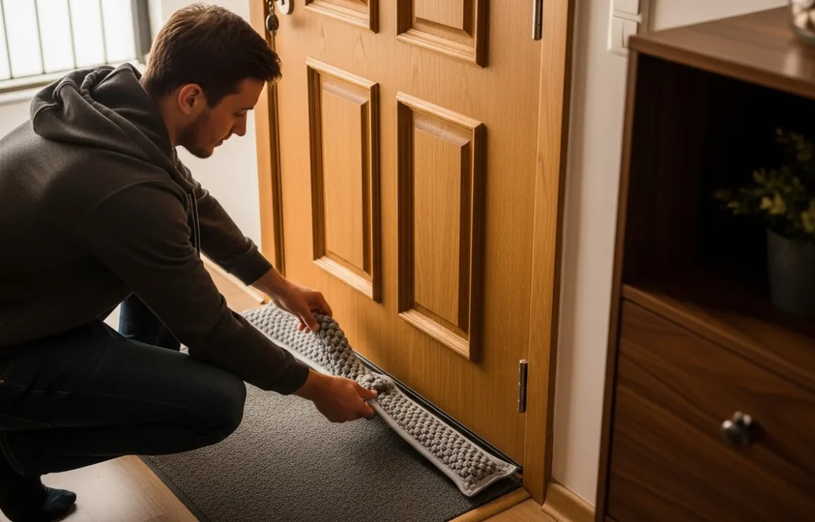 A man demonstrating renter friendly ways to block drafty apartment doors with a thick fabric draft stopper.