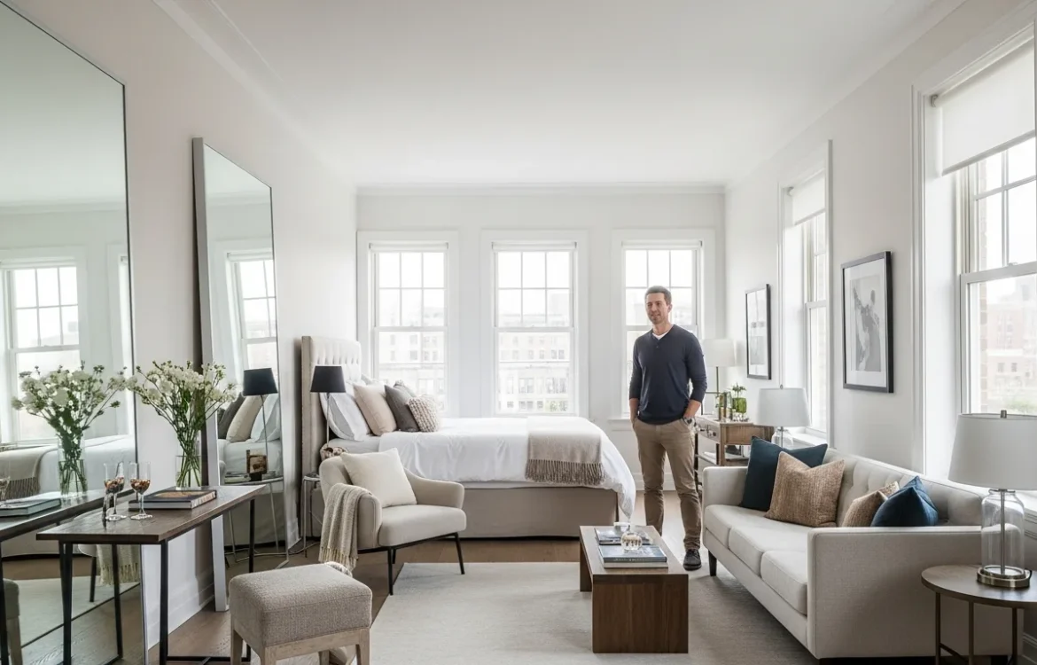 Modern small apartment decor featuring minimalist furniture and large mirrors to create a spacious, stylish living area.