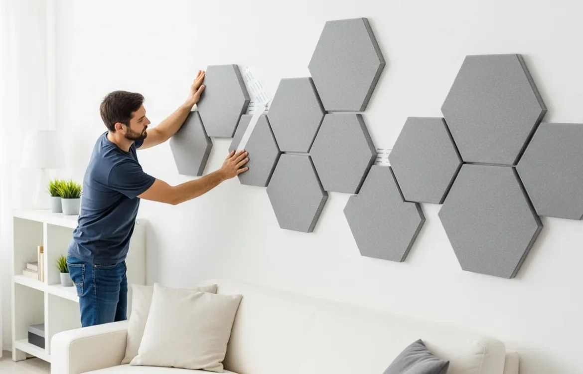 A man installing removable acoustic panels to soundproof apartment wall surfaces effectively.