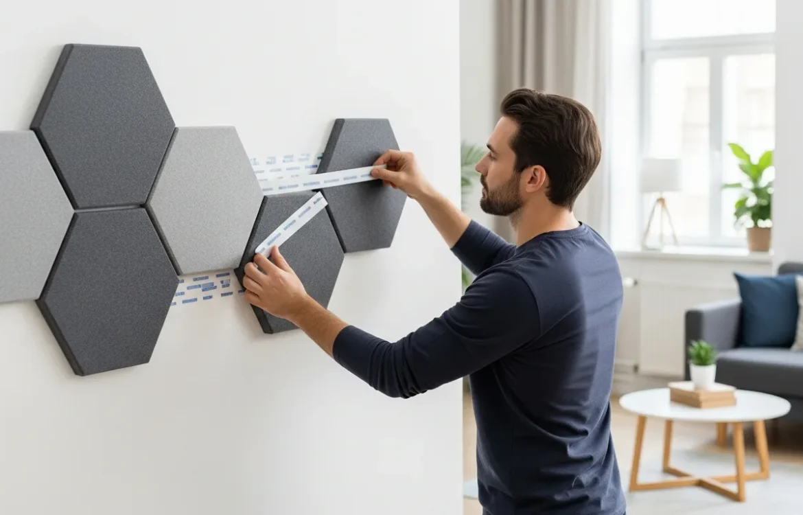 A man installing removable acoustic foam panels for soundproofing apartment walls in a modern living room.