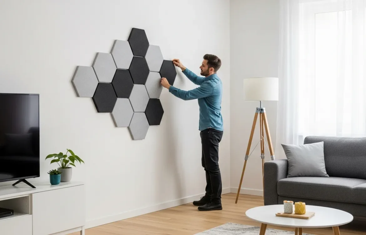 A man installing acoustic panels for soundproofing walls in an apartment to block noise from loud neighbors.