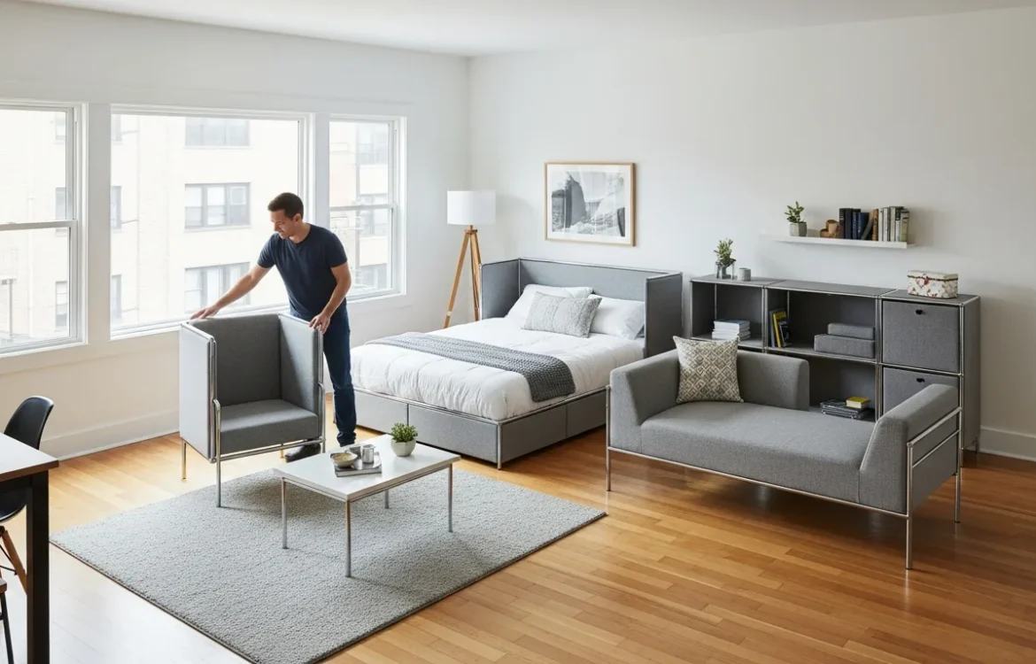 A man reviewing efficient studio apartment floor plans to maximize living space in a modern minimalist home.