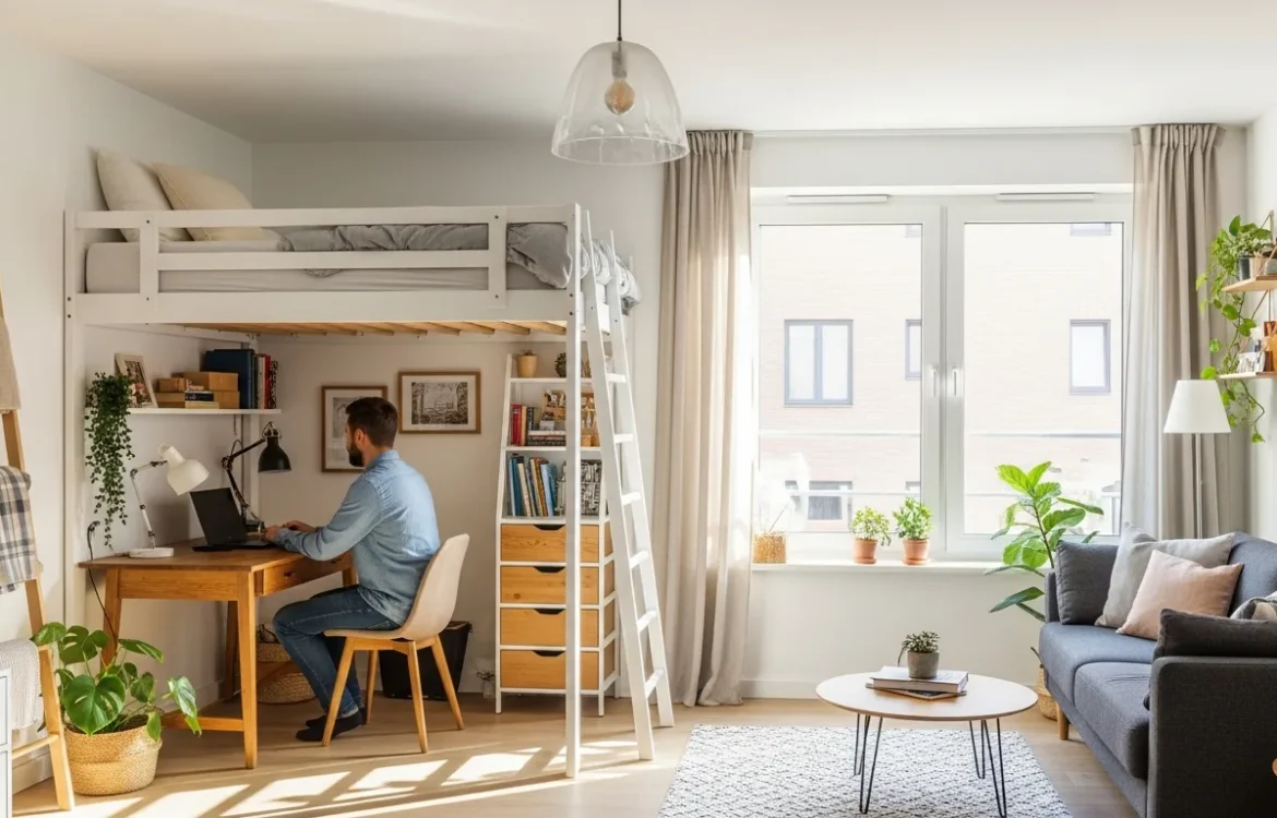 Creative studio apartment ideas featuring a multi-functional living area and space-saving furniture.