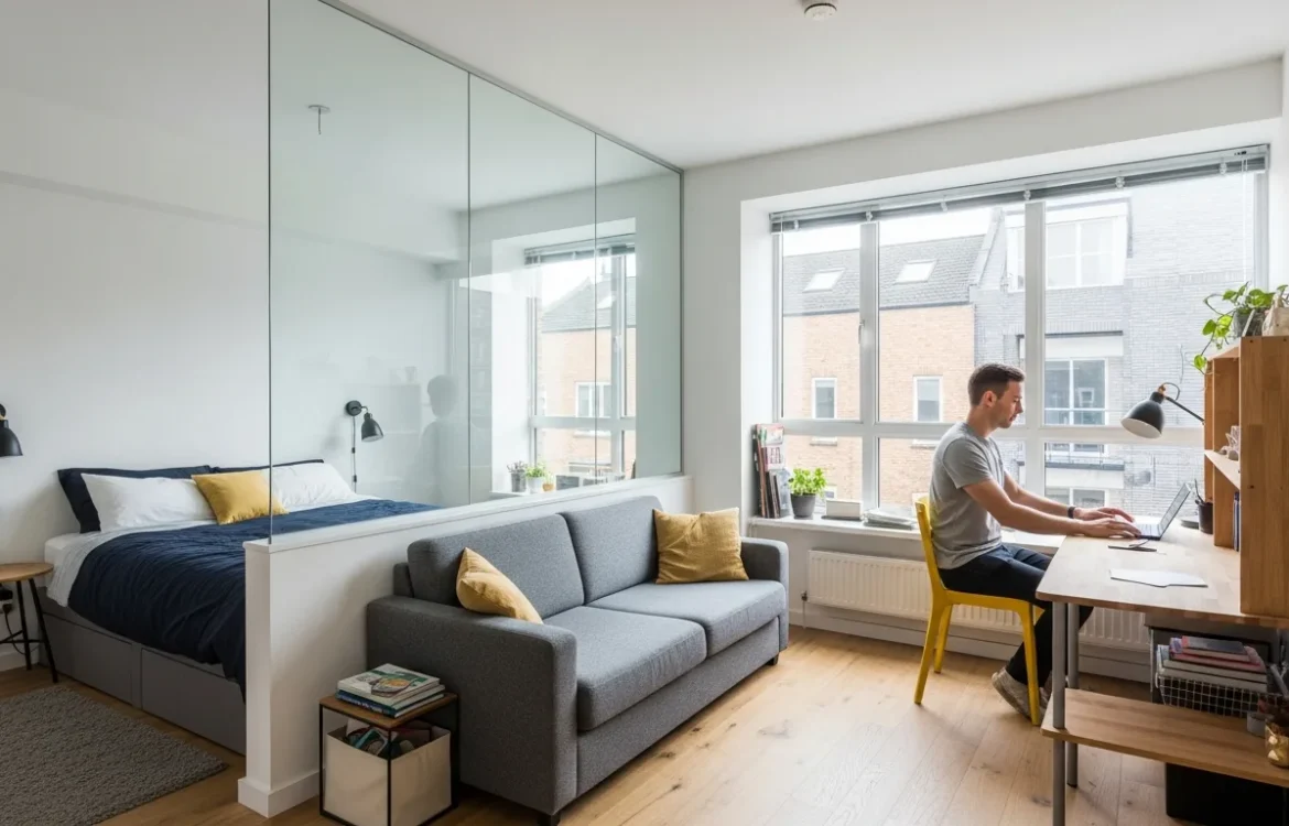 A modern, open-concept studio apartment layout featuring a partitioned sleeping area and a minimalist living space.