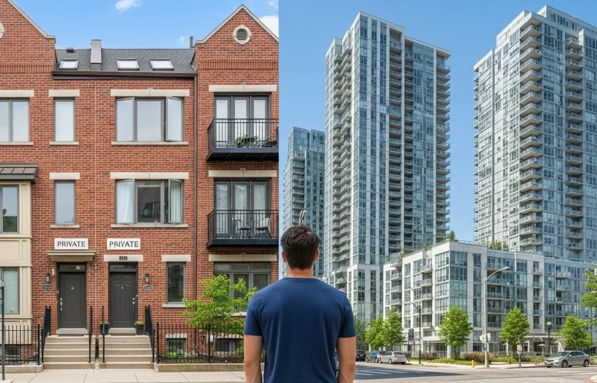 A side-by-side visual comparison of a modern townhouse vs apartment building to help choose a lifestyle fit.