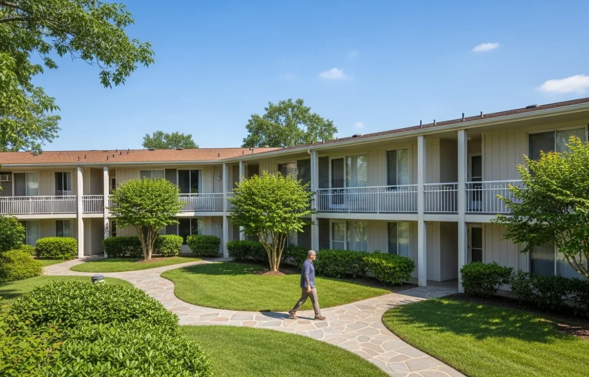A man walks past lush landscaping while understanding garden style apartment layouts at a low-rise residential complex.