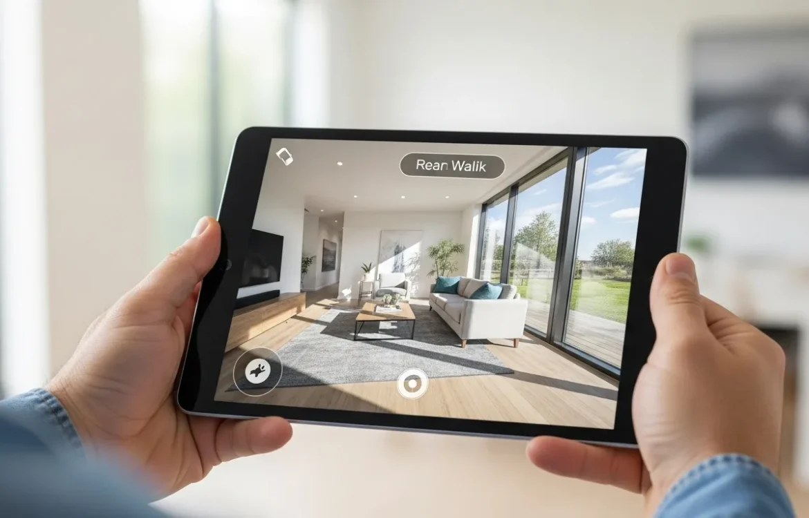 A high-quality virtual apartment tour displayed on a modern tablet screen held by a man.