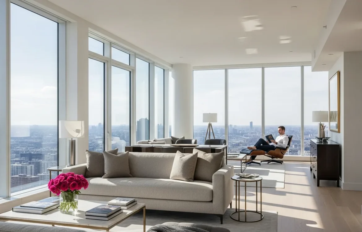 A modern and spacious living area inside the Wall & Grand Apartments featuring contemporary decor.
