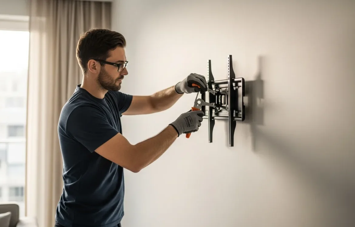 A man carefully installing a wall mount TV in an apartment living room while using a spirit level.