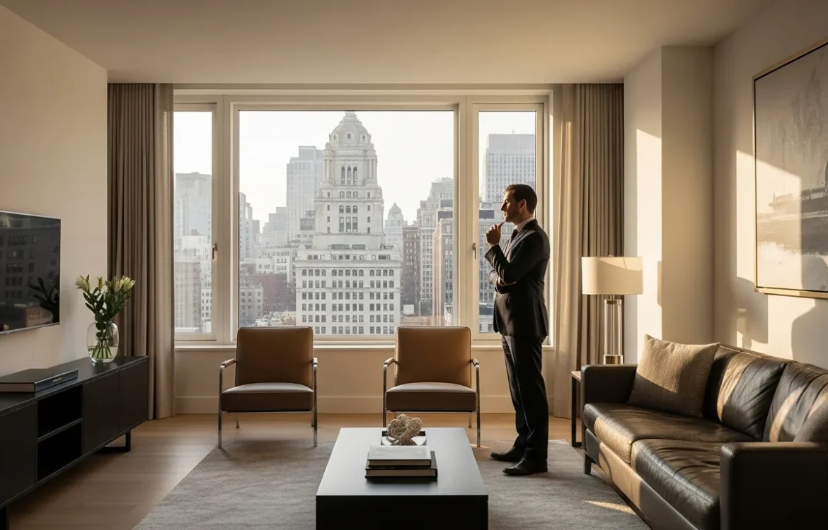 Modern luxury interior of Wall Street New York apartments with a view of the Financial District skyline.