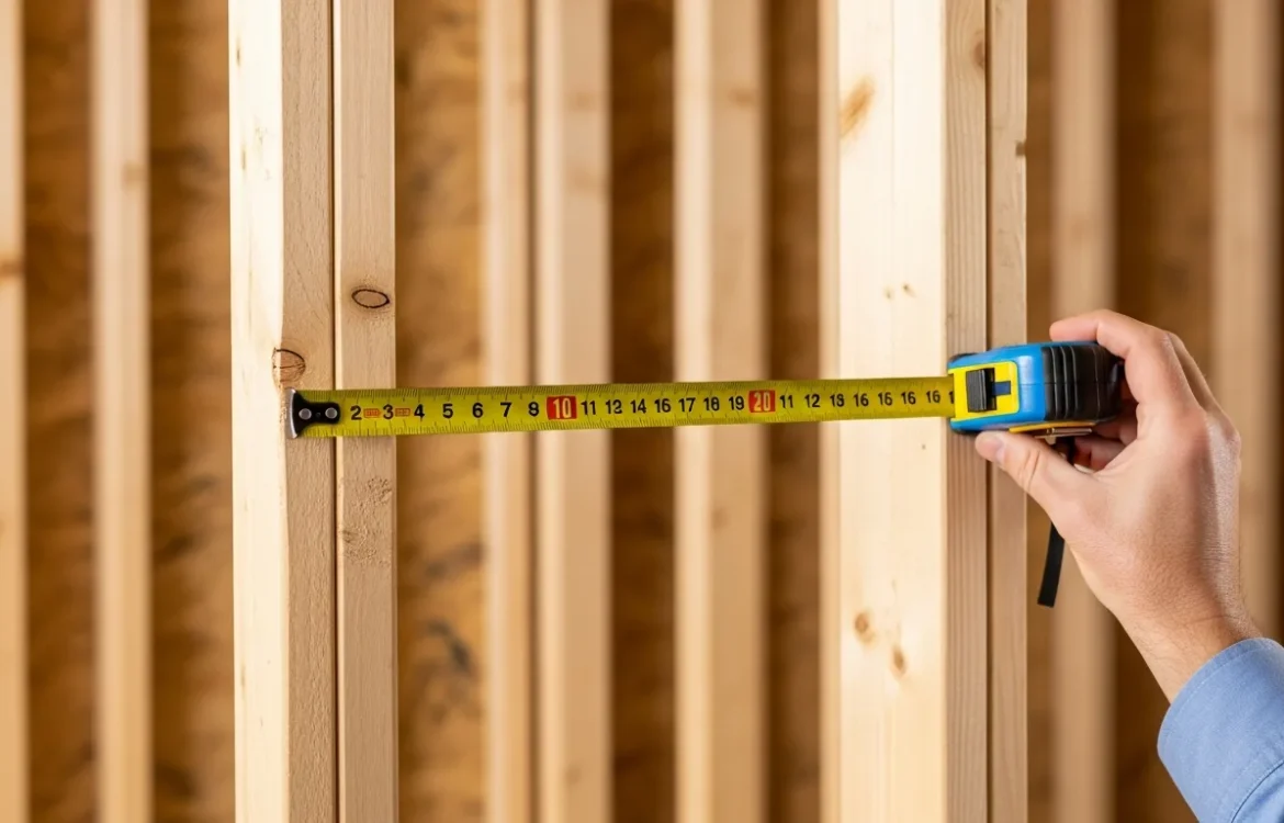 A tape measure held against wooden framing to show wall studs are how far apart in a standard home interior.
