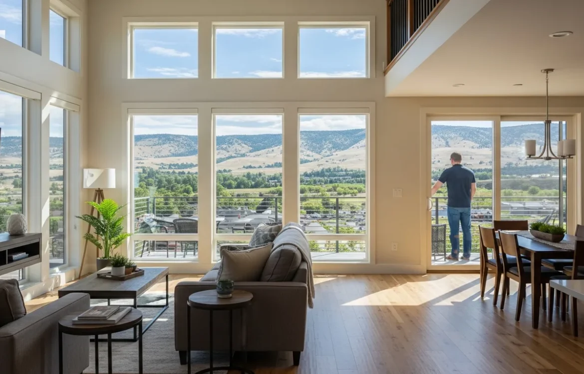 A bright, modern living room inside one of the premium Walla Walla apartments with large windows and city views.