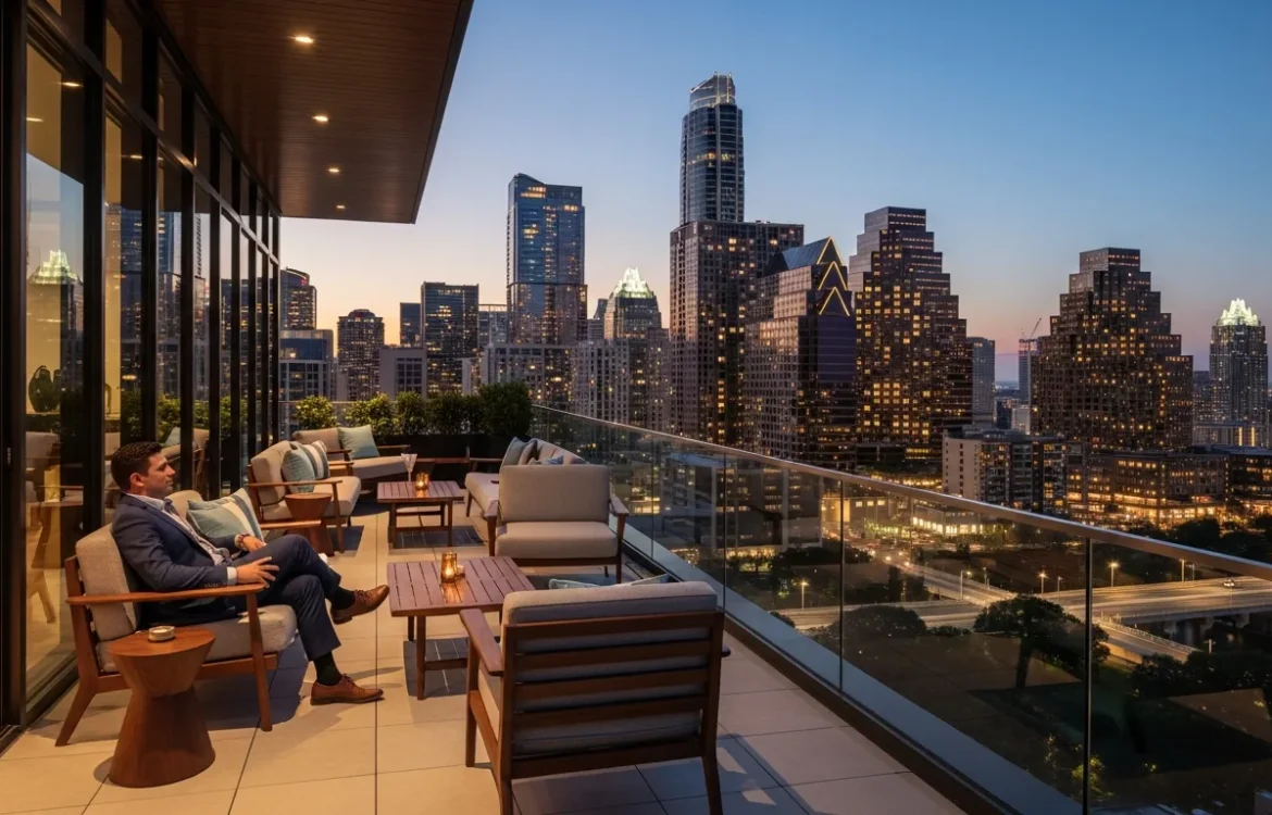 Modern luxury balcony view of the Austin skyline from Waller apartments Austin.