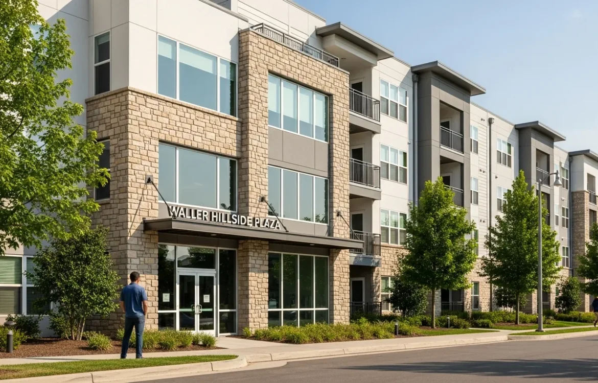 Modern exterior view of Waller Hillside Plaza Apartments building with professional landscaping and blue sky.