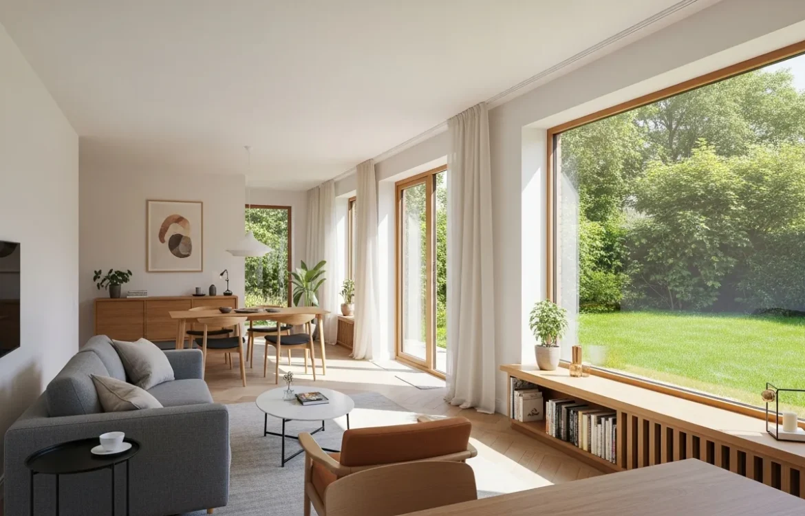 A cozy living room showing what does a garden level apartment look like with windows at the ground level.