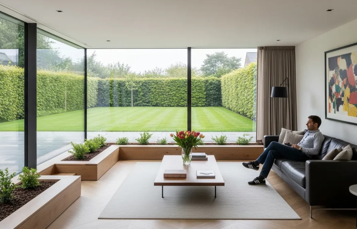 Modern living room showing what does garden level mean in real estate for prospective apartment renters.