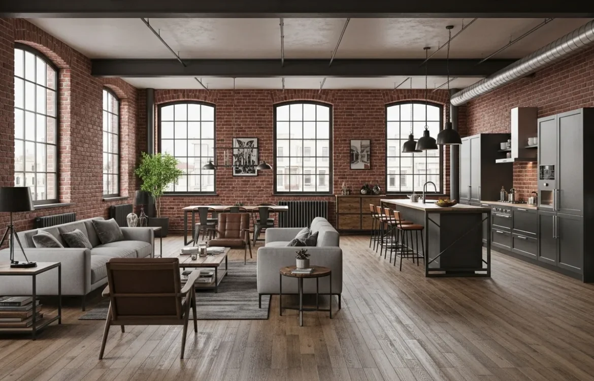 A spacious industrial living area with tall windows and brick walls, explaining what is a loft apartment.