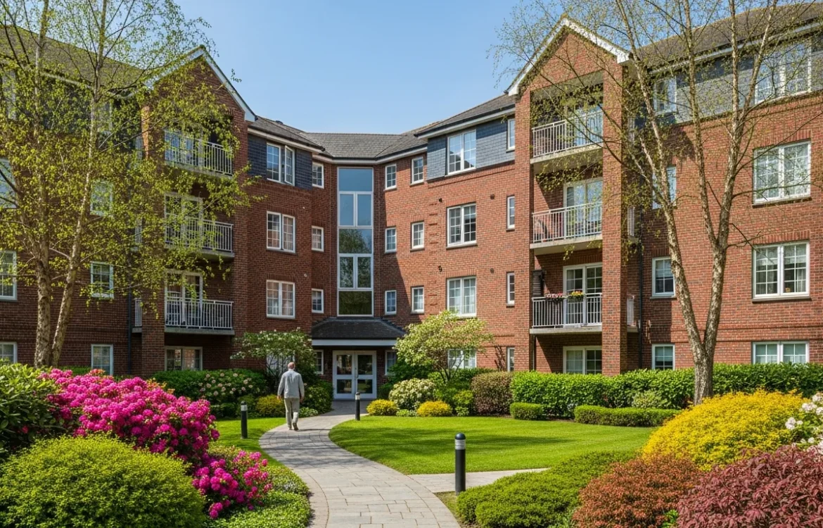 Exterior of a suburban residential complex showing what is a low rise garden apartment with lush landscaping.