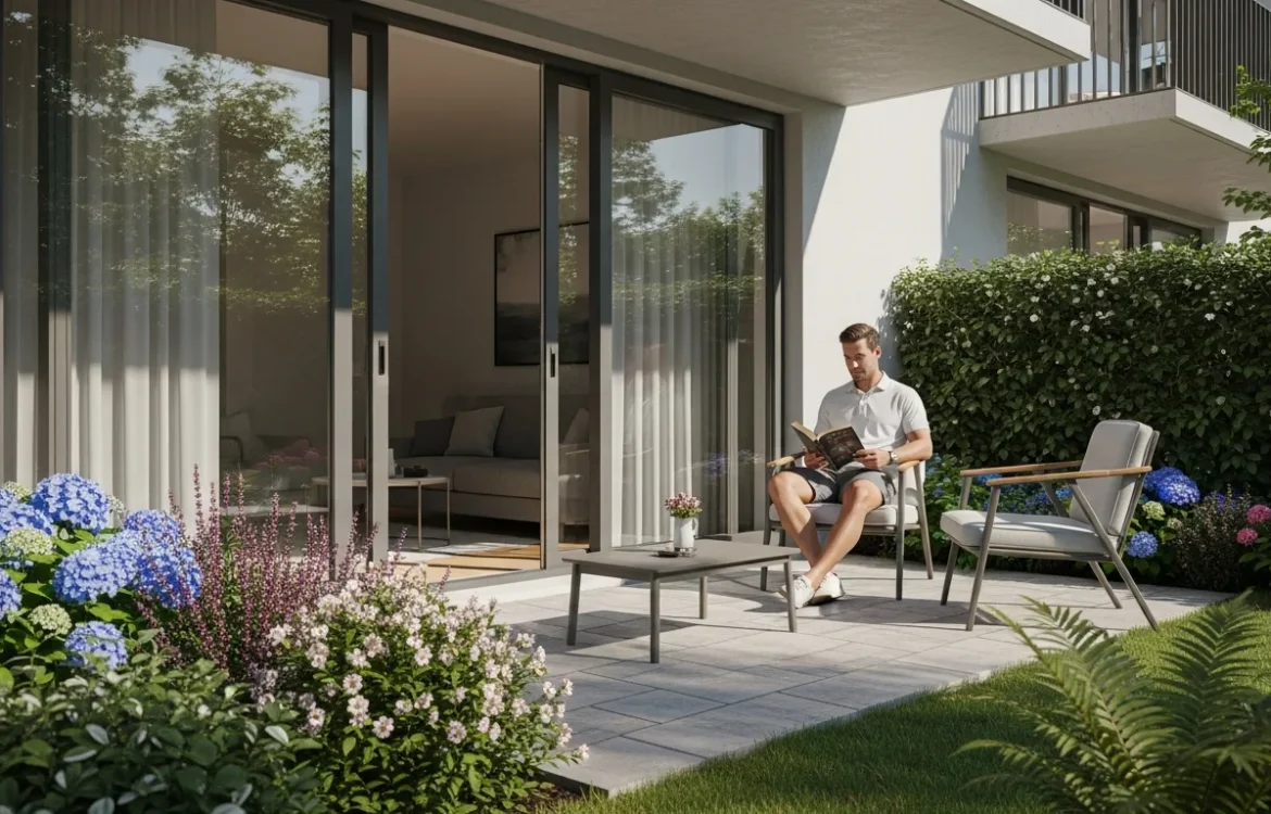 Exterior view showing what is considered a garden apartment with a private patio and lush green landscaping.