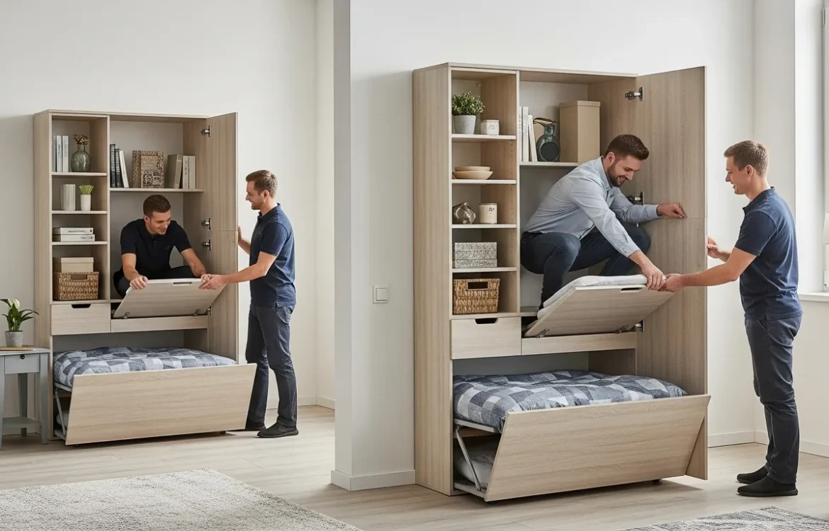 Men demonstrating what is the best furniture for a small apartment with a space-saving wall bed and storage unit.