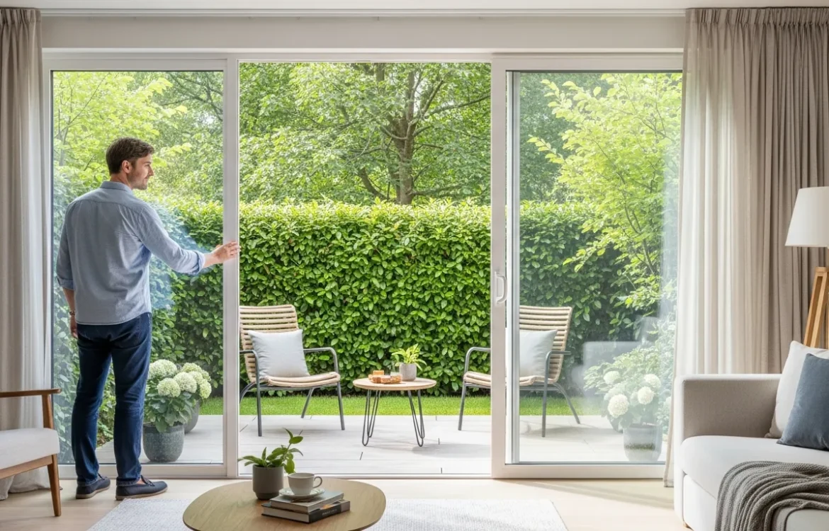 A man examining the patio and windows to see what to look for when touring a garden apartment.
