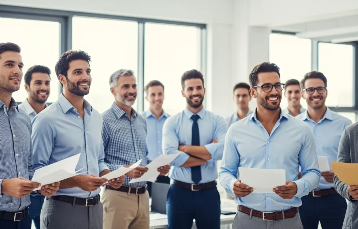 A group of professional men holding papers. One is asking, "where's my rent rebate."