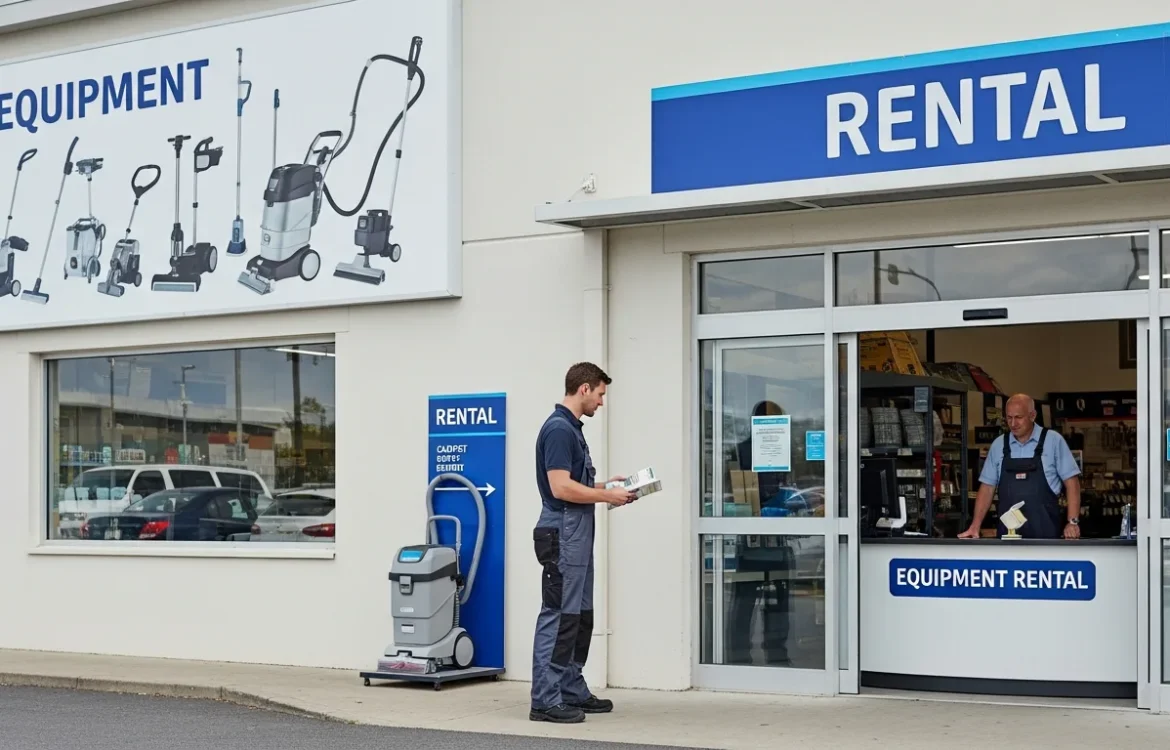 A man standing in front of an equipment rental store, showing where to rent a carpet cleaner.