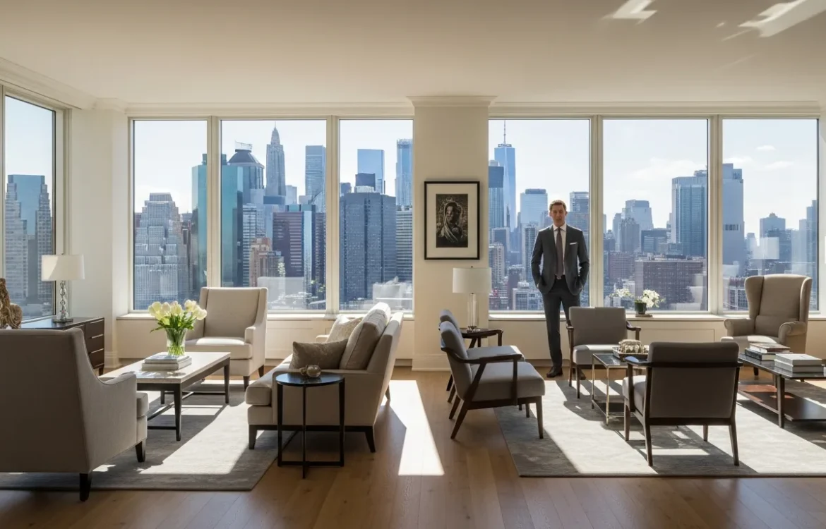 Luxurious modern living room inside 63 Wall Street apartments featuring high ceilings and sleek interior design.