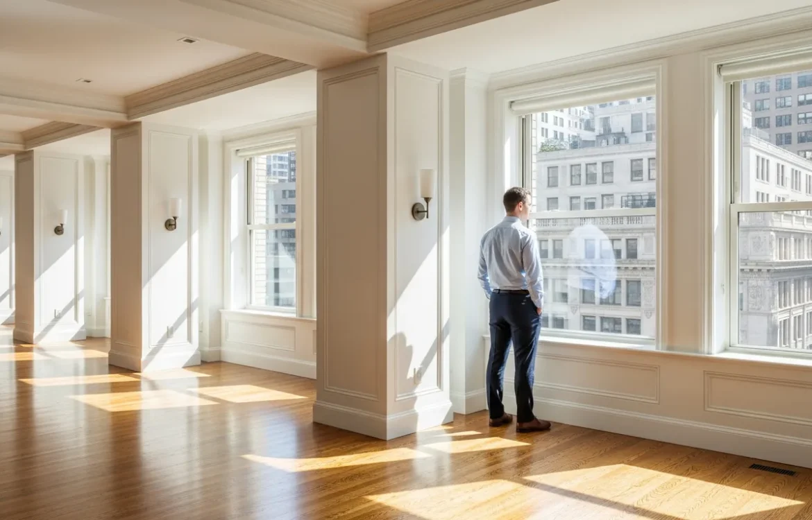 Modern interior of 67 wall street apartments showcasing high ceilings and luxury finishes in Manhattan's FiDi.