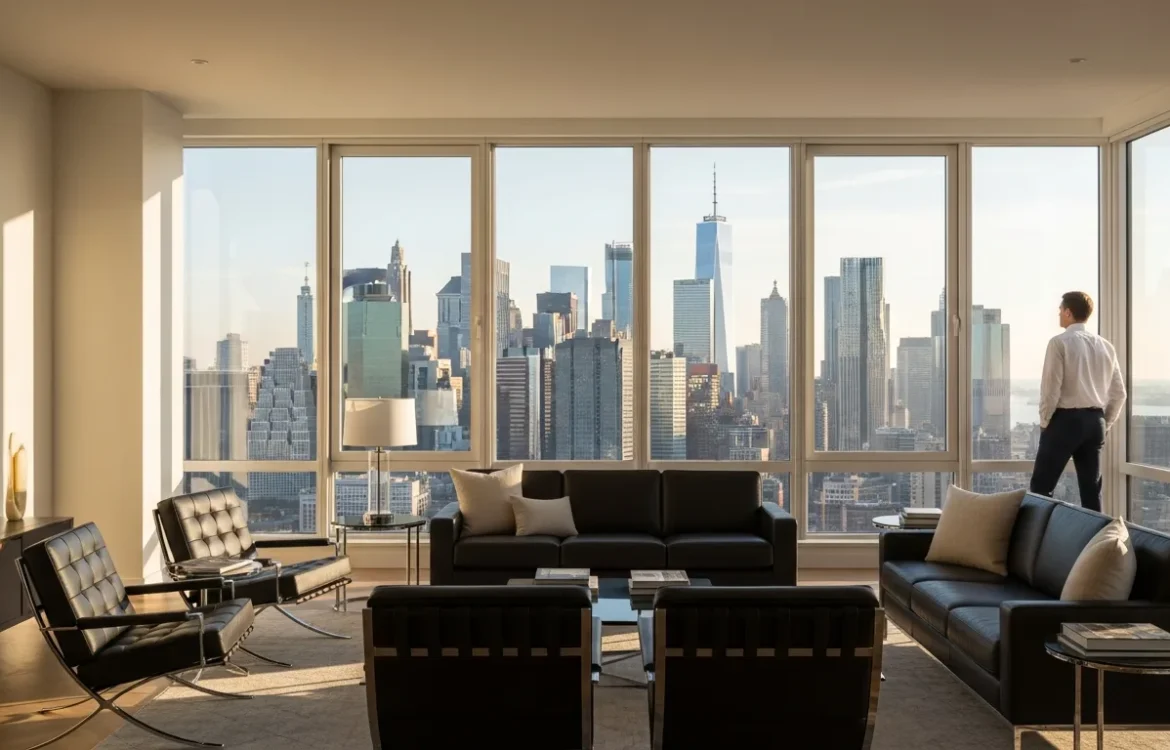 Modern living room interior of 95 wall street apartments with floor-to-ceiling windows and city views.