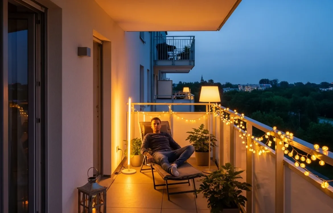 Cozy evening setup featuring warm apartment balcony lighting with string lights and modern floor lanterns.