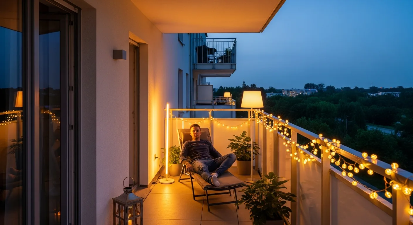 Cozy evening setup featuring warm apartment balcony lighting with string lights and modern floor lanterns.