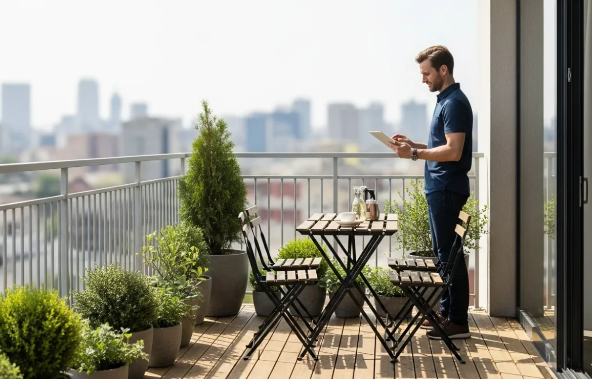A man reviewing apartment balcony rules you should check before decorating on a modern city terrace.
