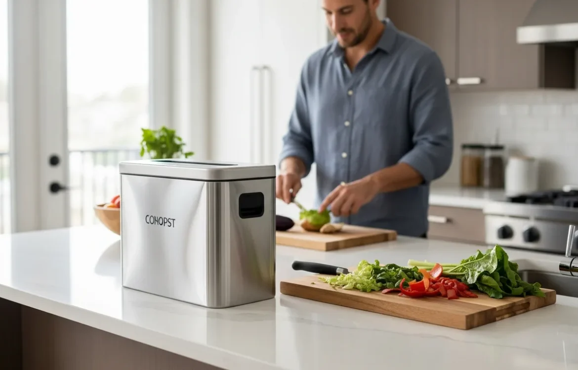 Top-rated apartment compost bins that don't smell arranged on a clean, modern kitchen countertop.