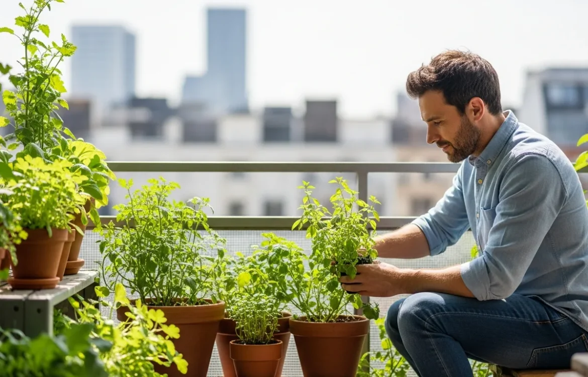 A man planting herbs on a balcony using a comprehensive apartment container gardening guide for urban dwellers.