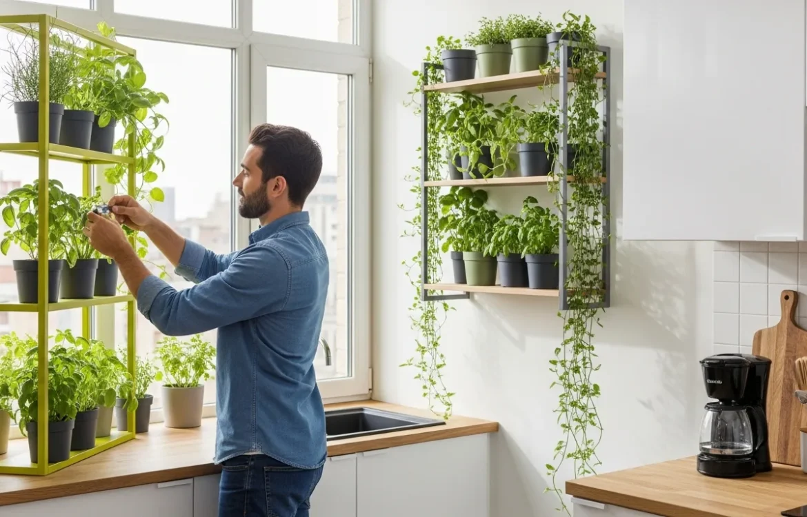 Lush indoor greenery and vertical apartment garden ideas for small spaces in a modern, sunny home.