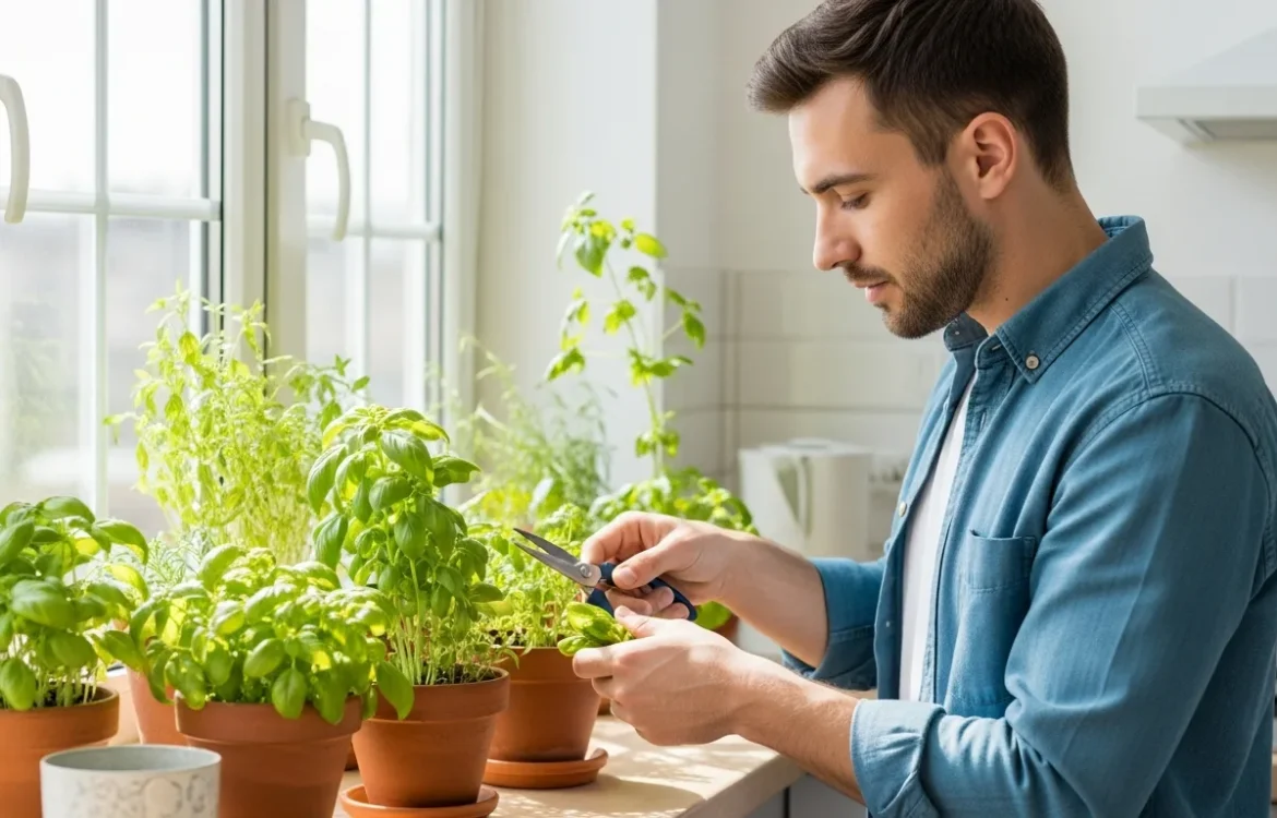 Vibrant apartment herb garden with fresh basil and mint growing on a sunny kitchen windowsill.