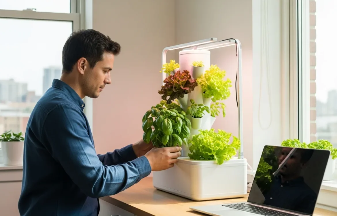 A modern apartment hydroponic garden setup for beginners featuring fresh herbs and leafy greens in a vertical system.