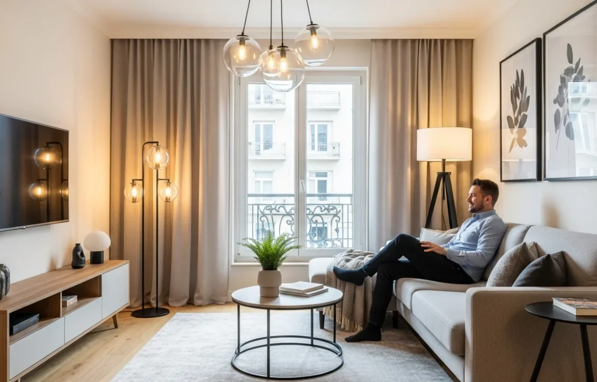 Modern living room layout showcasing creative apartment lighting ideas to brighten a dim interior space.