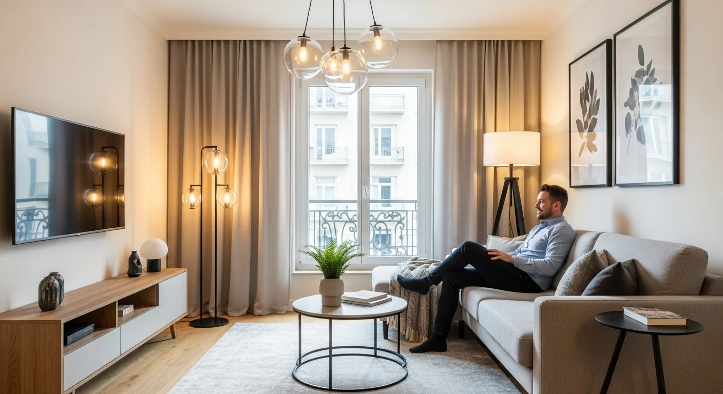 Modern living room layout showcasing creative apartment lighting ideas to brighten a dim interior space.