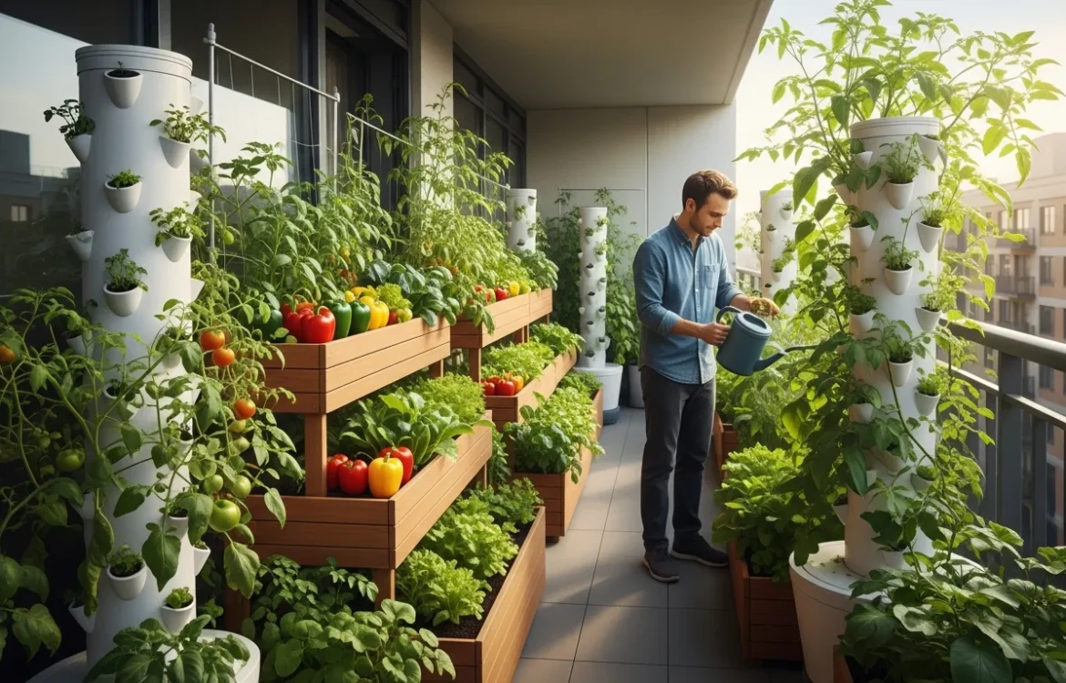 Lush apartment patio garden featuring high-yield vegetable containers and vertical herb towers on a sunny balcony.