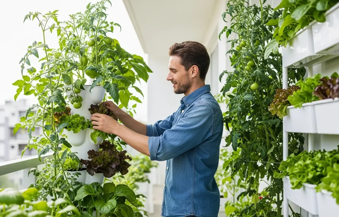 A lush and productive apartment vegetable garden with potted herbs and vegetables on a sun-drenched balcony.