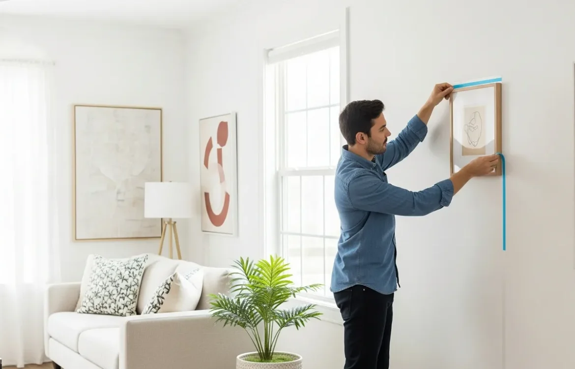 Modern apartment wall decor displayed using damage-free hanging strips in a bright, stylish rental living room.