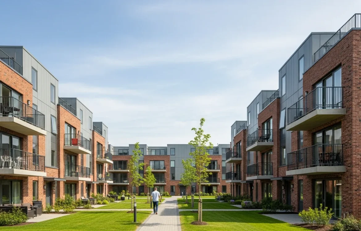 Modern exterior of luxury apartments in Wall NJ surrounded by lush green landscaping and blue skies.